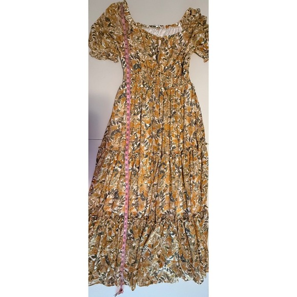 Baltic Born Floral Tiered Maxi Dress Gold Brown Smocked Puff Sleeve Size M NWT - Picture 9 of 9